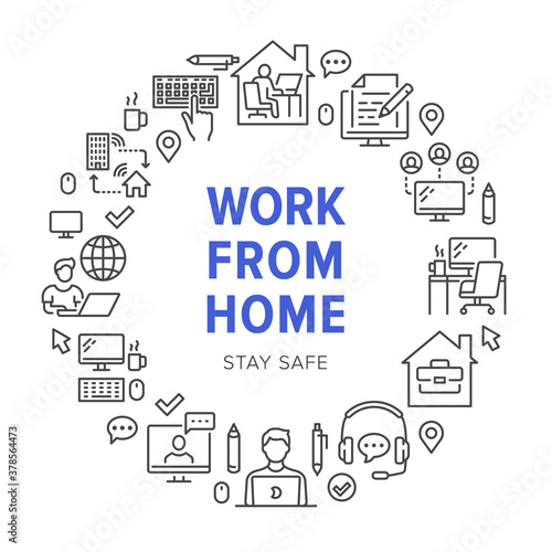 Work from home circle frame poster with line icons. Vector illustration included icon as freelance worker with laptop, workplace, pc monitor, business man outline pictogram for remote job brochure
