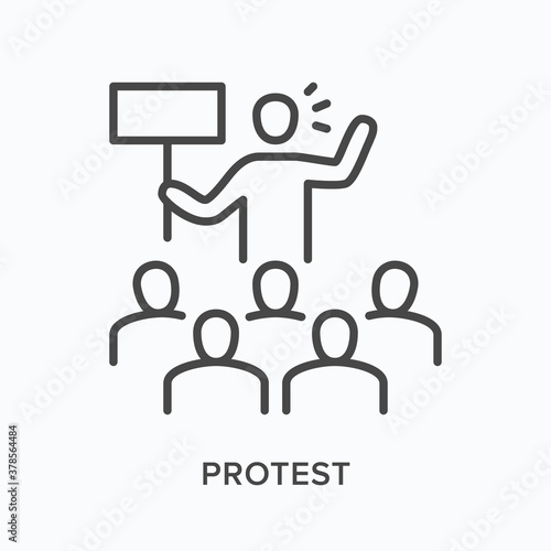 Protest flat line icon. Vector outline illustration of people crowd on demonstration, activist with banner. Strike thin linear pictogram