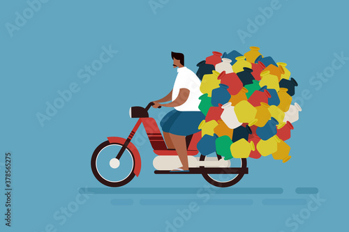 Illustration of a man riding a moped with many water pots attached with it. A scene from southern India