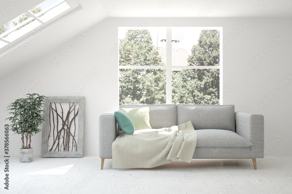 White living room with sofa and summer landscape in window. Scandinavian interior design. 3D illustration White living room with sofa and summer landscape in window. Scandinavian interior design. 3D illustration