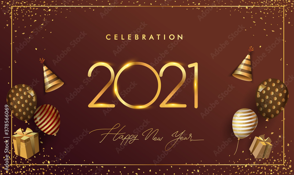Happy New Year 2021 - New Year Shining Background with Gold Clock and Glitter.