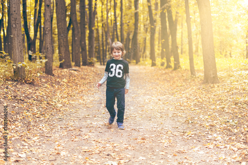 Happy little child playing in the autumn on the nature walk outdoors Happy little child playing in the autumn on the nature walk outdoors