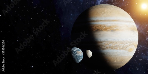 Fototapeta Naklejka Na Ścianę i Meble -  3D Render of Earth and the moon next to jupiter to compare scale idea. Stars. Elements of this image furnished by NASA.