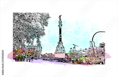 Building view with landmark of Barcelona is a city on the coast of northeastern Spain. Watercolor splash with hand drawn sketch illustration in vector.