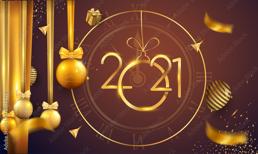 Happy New Year 2021 - New Year Shining Background with Gold Clock and Glitter. Happy New Year 2021 - New Year Shining Background with Gold Clock and Glitter.