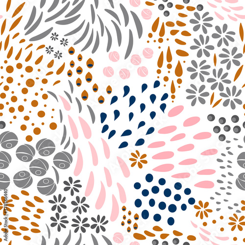 Vector organic seamless abstract background, botanical motif, freehand doodles pattern with stylized flowers, leaves, berries and simple shapes.