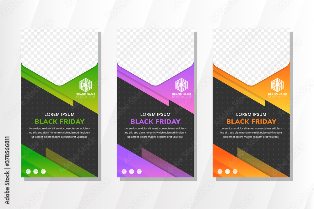 Set of a Black Friday Poster design template use vertical layout. Black background with Transparency of dog pattern. Space for photo collage in half of hexagon.