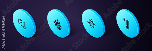 Set Isometric Meteorology thermometer, UV protection, and Thermometer and cloud, moon icon. Vector.