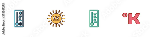 Set Meteorology thermometer, UV protection, and Kelvin icon. Vector.
