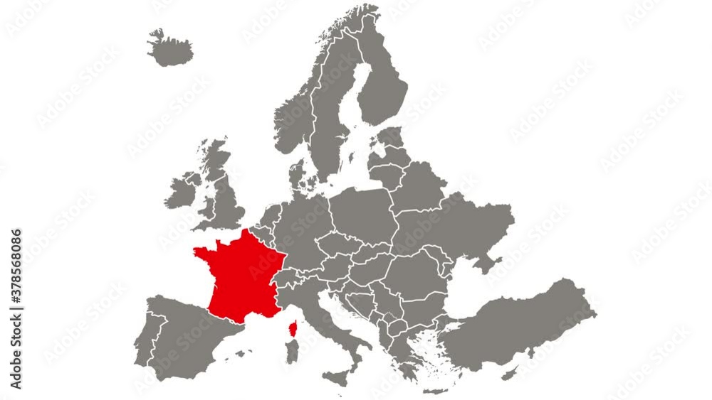 France country blinking red highlighted in map of Europe France country blinking red highlighted in map of Europe