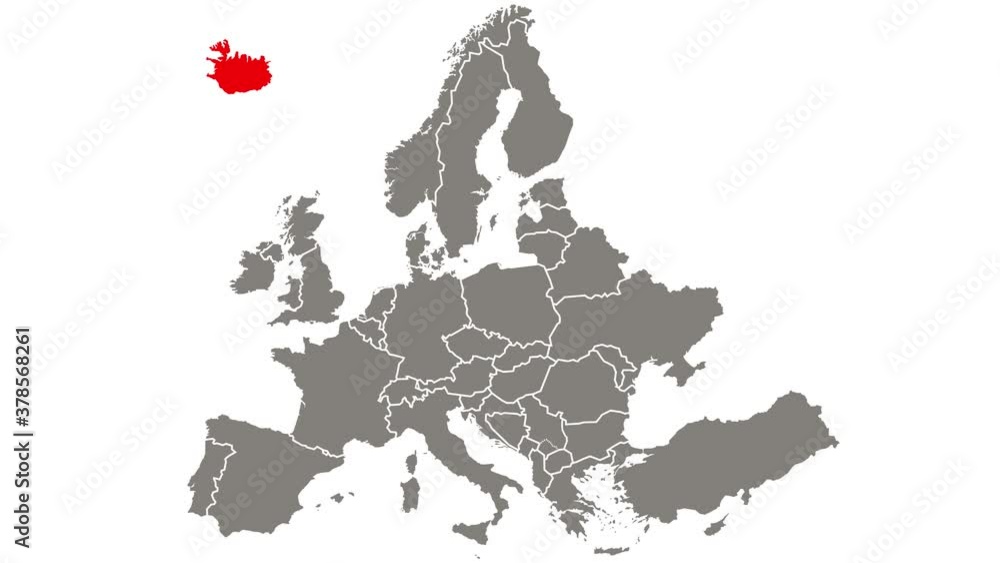 Iceland country blinking red highlighted in map of Europe