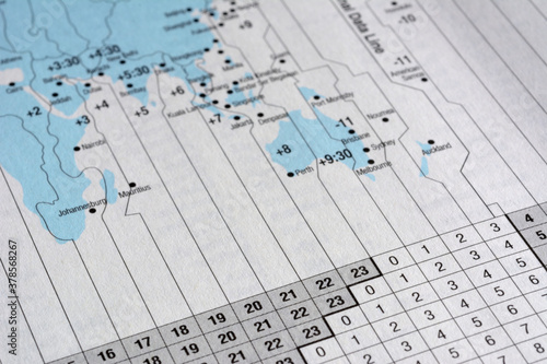 Closeup International time zone on white paper map.
