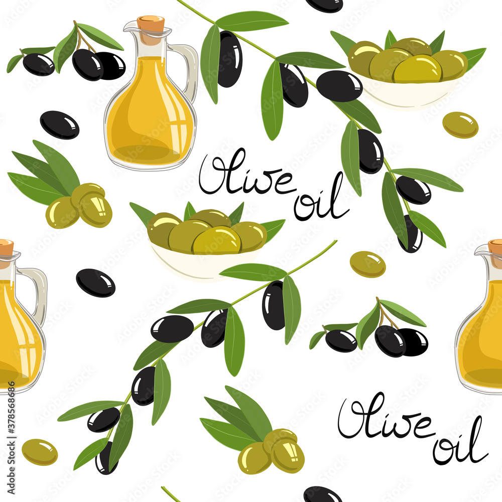Obraz premium Vector illustration of olive symbols. Bottle of olive oil for cooking, olives in a bowl isolated on a white background