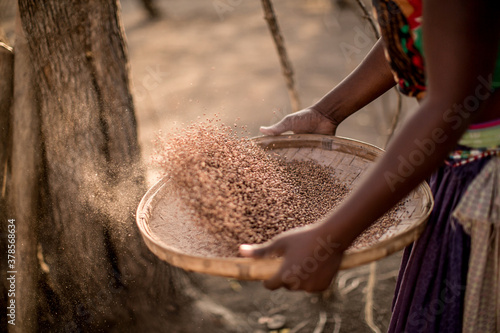 Close-up of a woman sifting grain, Zimbabwe