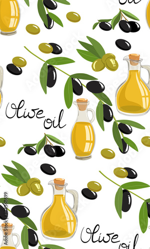 Vector illustration of olive symbols. Bottle of olive oil for cooking, olives in a bowl isolated on a white background
