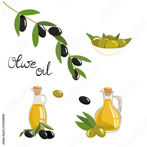 Vector illustration of olive symbols. Bottle of olive oil for cooking, olives in a bowl isolated on a white background