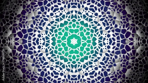 Transforming round mandala pattern. Seamless loop footage. Emboss geometric lattice mandala in arabic style. Islamic geometric arabesque pattern.