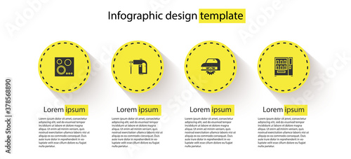 Set Gas stove, Rotary hammer drill machine, Electric circular saw and Vending. Business infographic template. Vector.