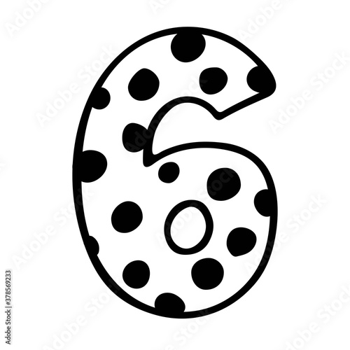 Cute number 6. Hand drown vector six with polka dot. Design for 6 years baby, baby party decor, logo, sticker, greeting card, shirt print. Happy birthday anniversary celebration Template.
