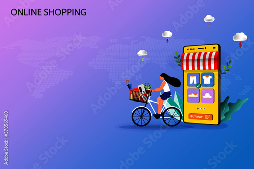 Concept of online shopping, young woman riding a bicycle to pick up the goods at store that already ordered from application on the phone and selected option pick up at store.