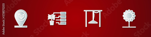 Set Chicken farm and location, Flower analysis, Automatic irrigation sprinklers and icon. Vector.