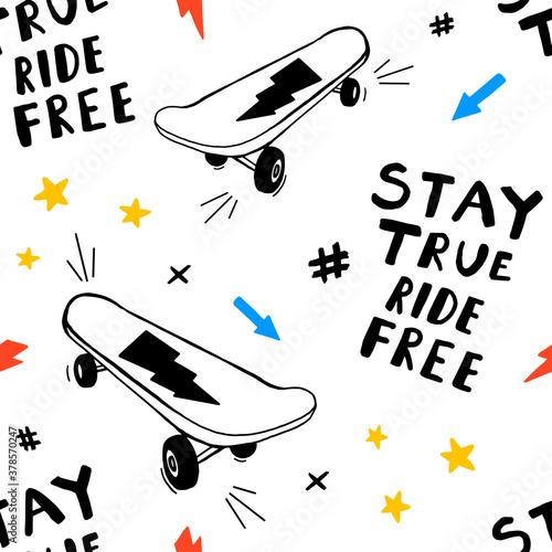 Hand drawing skateboards and handwriting slogan seamless pattern illustration vector.