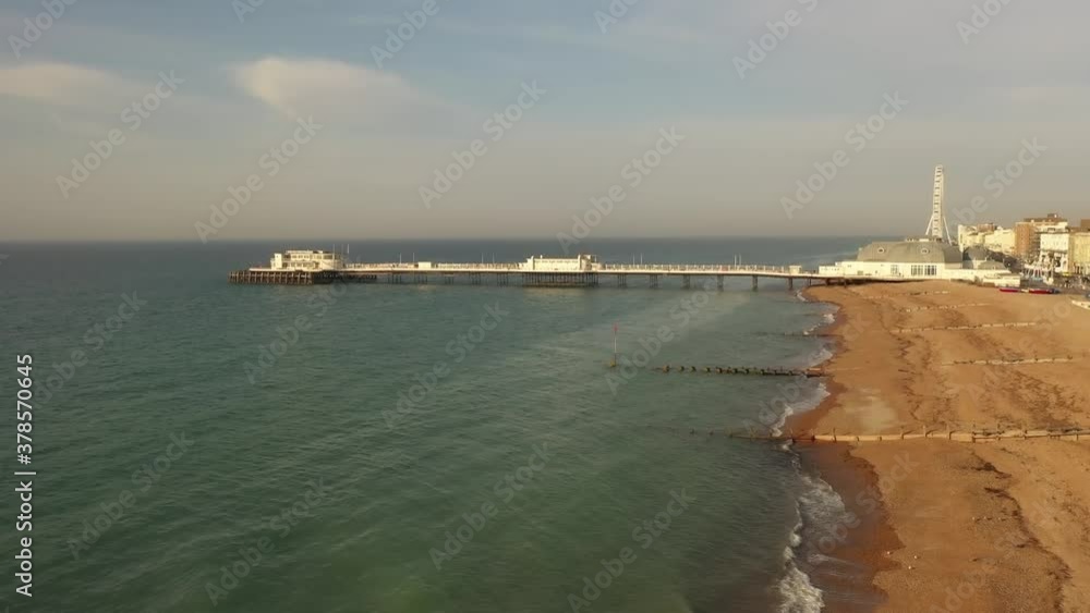 Aerial View flying along the beach towards Worthing Pier. Aerial View flying along the beach towards Worthing Pier.