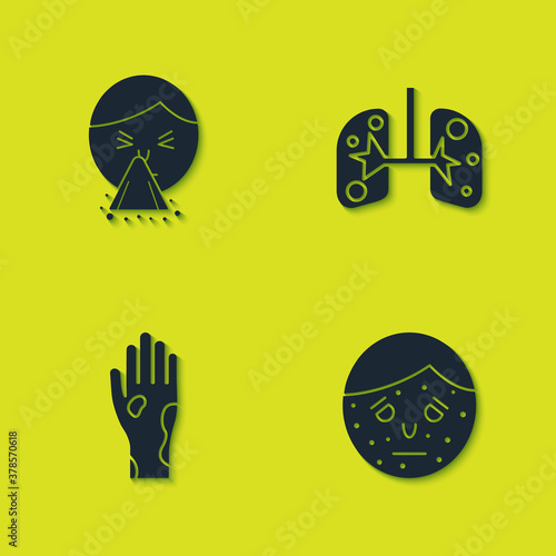 Set Handkerchief to his runny nose, Face with psoriasis or eczema, and Lungs icon. Vector.