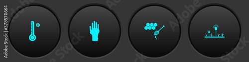 Set Medical digital thermometer, Hand with psoriasis or eczema, Honeycomb honey dipper and Mold icon. Vector.