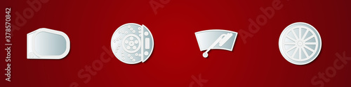 Set Car mirror, brake disk with caliper, Windscreen wiper and wheel icon. Vector.