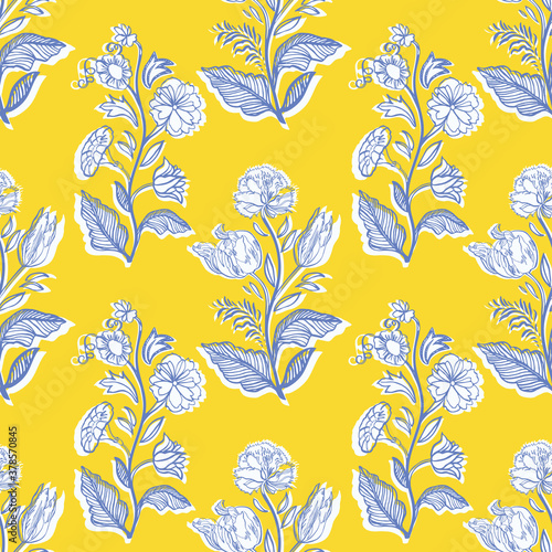 Retro antique floral half drop pattern. Vintage kitchen hand drawn floral bouquet design. Line art florals on cut out shape, vibrant yellow background. Elegant nature background. Perefect for kitchen