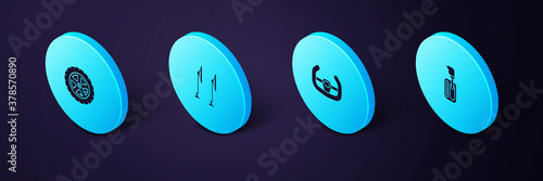 Set Isometric Gear shifter, Sport steering wheel, Windscreen wiper and Car icon. Vector.
