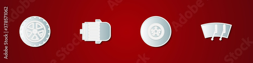 Set Car wheel, Electric engine, brake disk and Windscreen wiper icon. Vector.