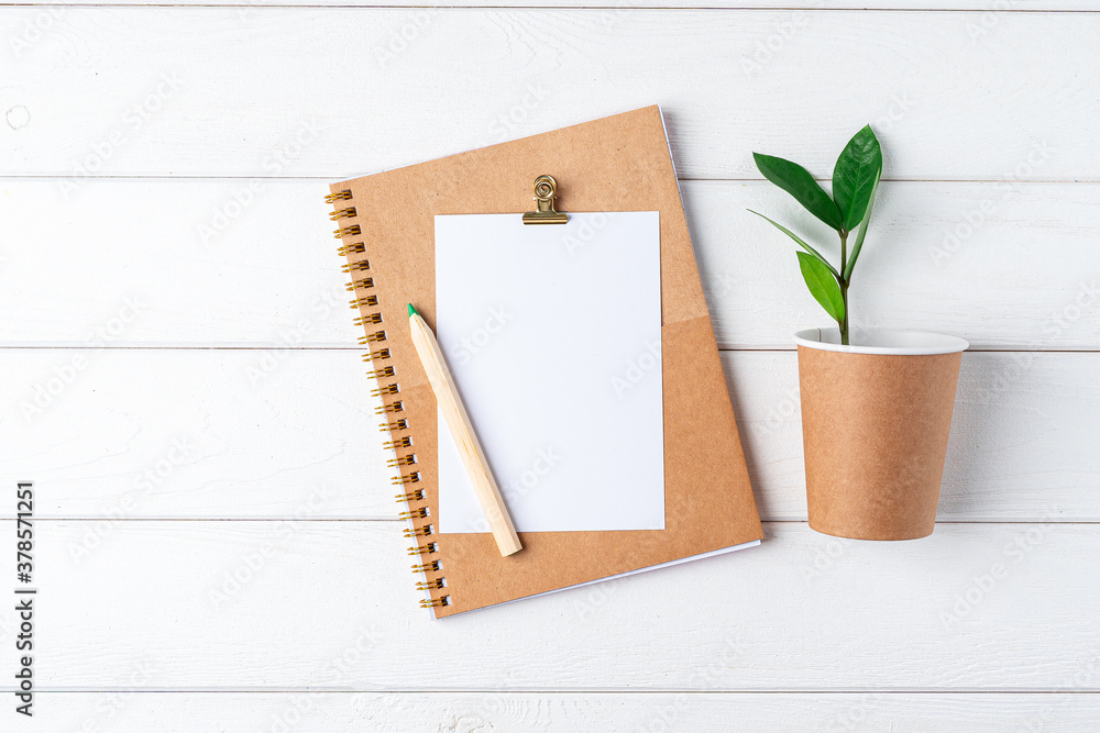 Desktop mockup planner. Flat lay of white wooden table background. Top view green sprout leaves, coffee cup, blank, craft Notebook. Zero waste, eco friendly, natural organic concept Desktop mockup planner. Flat lay of white wooden table background. Top view green sprout leaves, coffee cup, blank, craft Notebook. Zero waste, eco friendly, natural organic concept