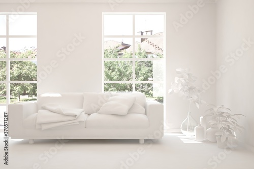 White minimalist living room with sofa. Scandinavian interior design. 3D illustration