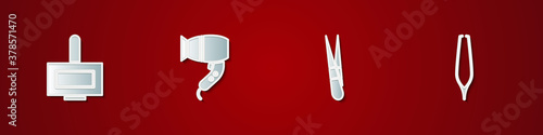Set Nail polish bottle, Hair dryer, Eyebrow tweezers and icon. Vector.