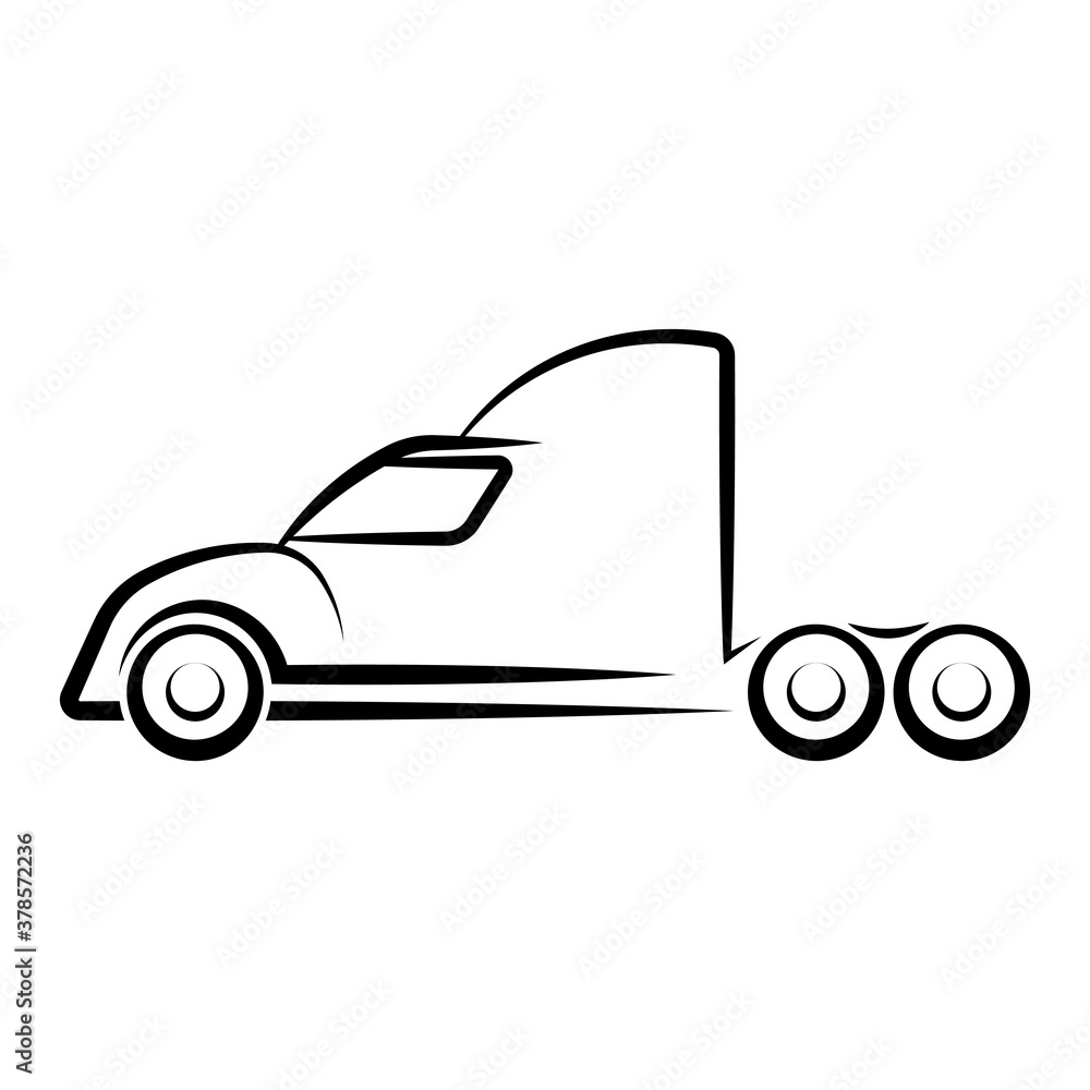 Truck tractor icon. Black contour silhouette. Side view. Vector flat graphic hand drawn illustration. Isolated object on a white background. Isolate. Truck tractor icon. Black contour silhouette. Side view. Vector flat graphic hand drawn illustration. Isolated object on a white background. Isolate.