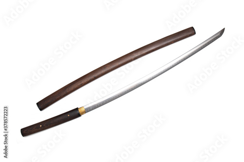 Japanese sword show blade with wooden scabbard isolated in white background. This kind of Japanese sword is called 'Shirasaya' photo