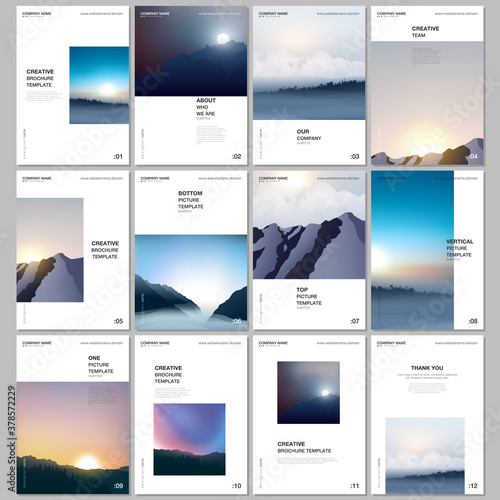 A4 brochure layout of covers templates for flyer leaflet  A4 brochure design  presentation  magazine  book. Fog  sunrise in morning and sunset in evening. Nature landscape backgrounds with mountains.