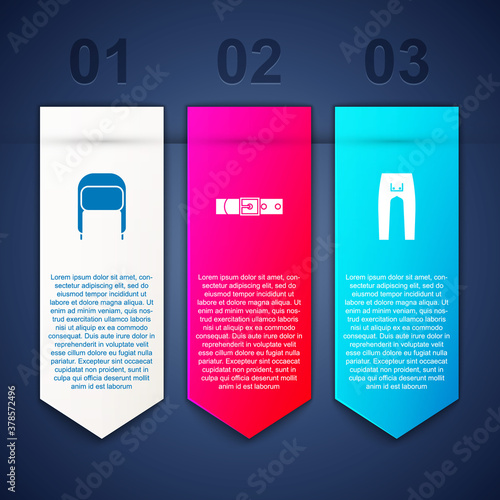Set Winter hat with ear flaps, Leather belt and Pants. Business infographic template. Vector.