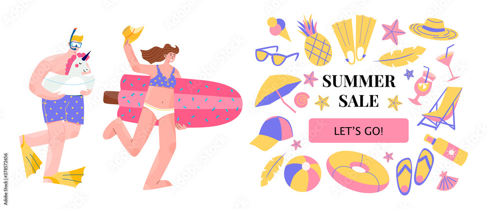 Summer sale banner or landing page with beach element. A concept of a happy couple running with inflatable toys to swimming pool or the sea. Family on holidays. Hand drawn flat colourful illustration.
