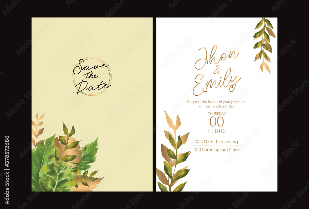 Elegant watercolor wedding invitation card with greenery leaves	

