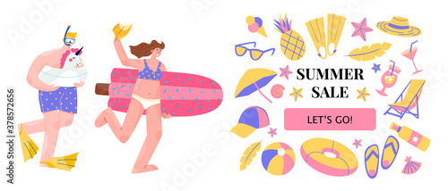 Summer sale banner or landing page with beach element. A concept of a happy couple running with inflatable toys to swimming pool or the sea. Family on holidays. Hand drawn flat colourful illustration.