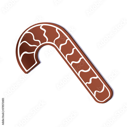 Christmas cane or chocolate gingerbread cookie isolated on white background for design, vector stock illustration with gingerbread, baked goods, cookies as emblem or logo
