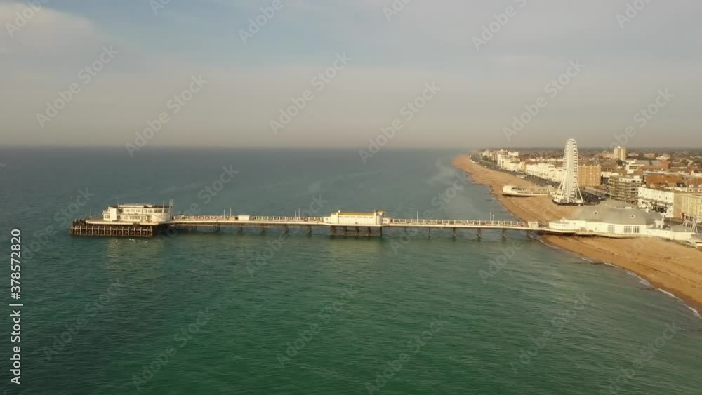 Aerial of Worthing Pier which was built in 1862 with the Observation Wheel in view and the town of Worthing in the background. Aerial of Worthing Pier which was built in 1862 with the Observation Wheel in view and the town of Worthing in the background.