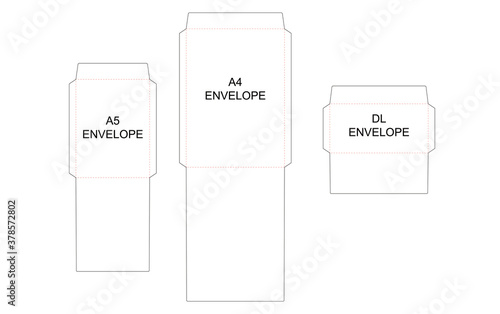 The envelope A4, A5, DL sizes die cut template. Vector black isolated circuit envelope. International standard size photo