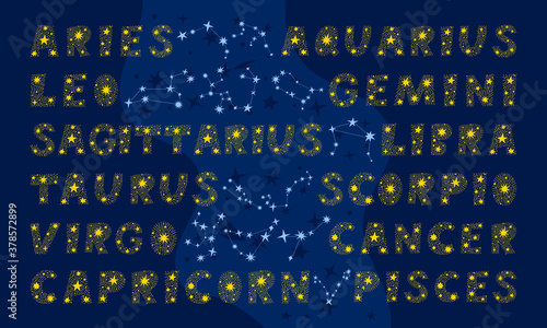 Decorative lettering set of Zodiac signs names. collection of 12 horoscope constellations. Aries, Taurus, Leo, Gemini, Virgo, Scorpio, Libra, Aquarius, Sagittarius, Pisces, Capricorn, Cancer. photo