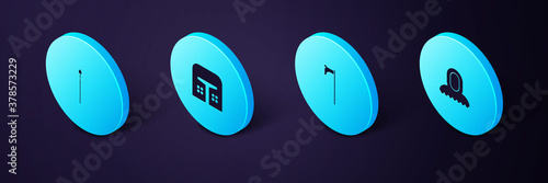 Set Isometric Medieval hood, axe, iron helmet and spear icon. Vector.