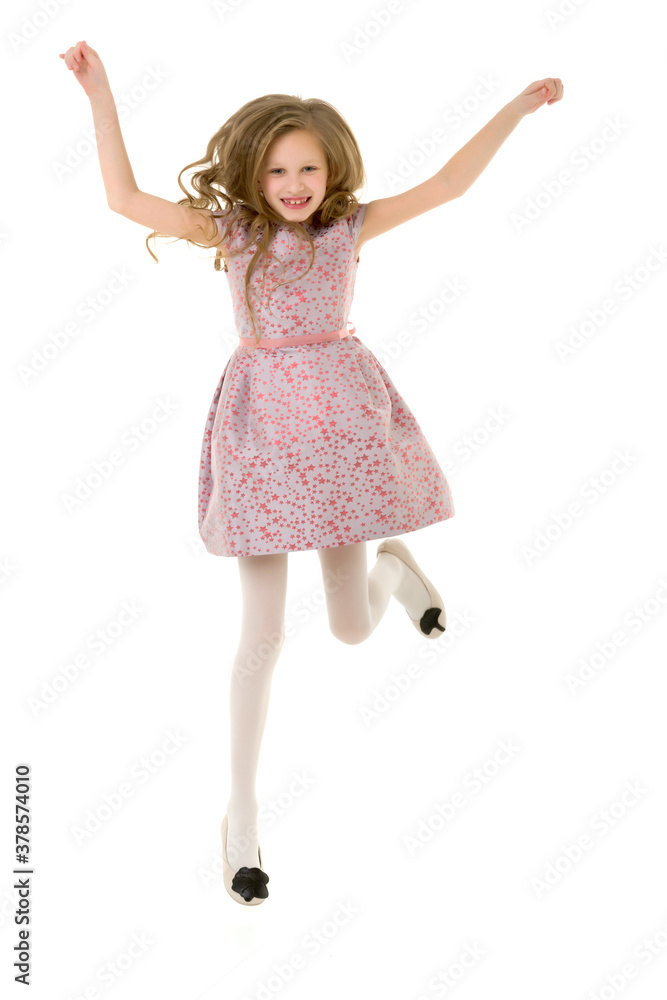 Beautiful Blonde Girl Happily Jumping with Raising Hands Beautiful Blonde Girl Happily Jumping with Raising Hands