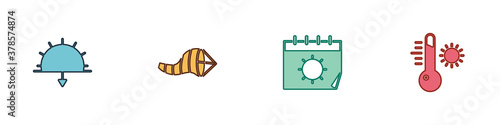 Set Sunset, Cone meteorology windsock wind vane, Calendar and sun and Meteorology thermometer icon. Vector.